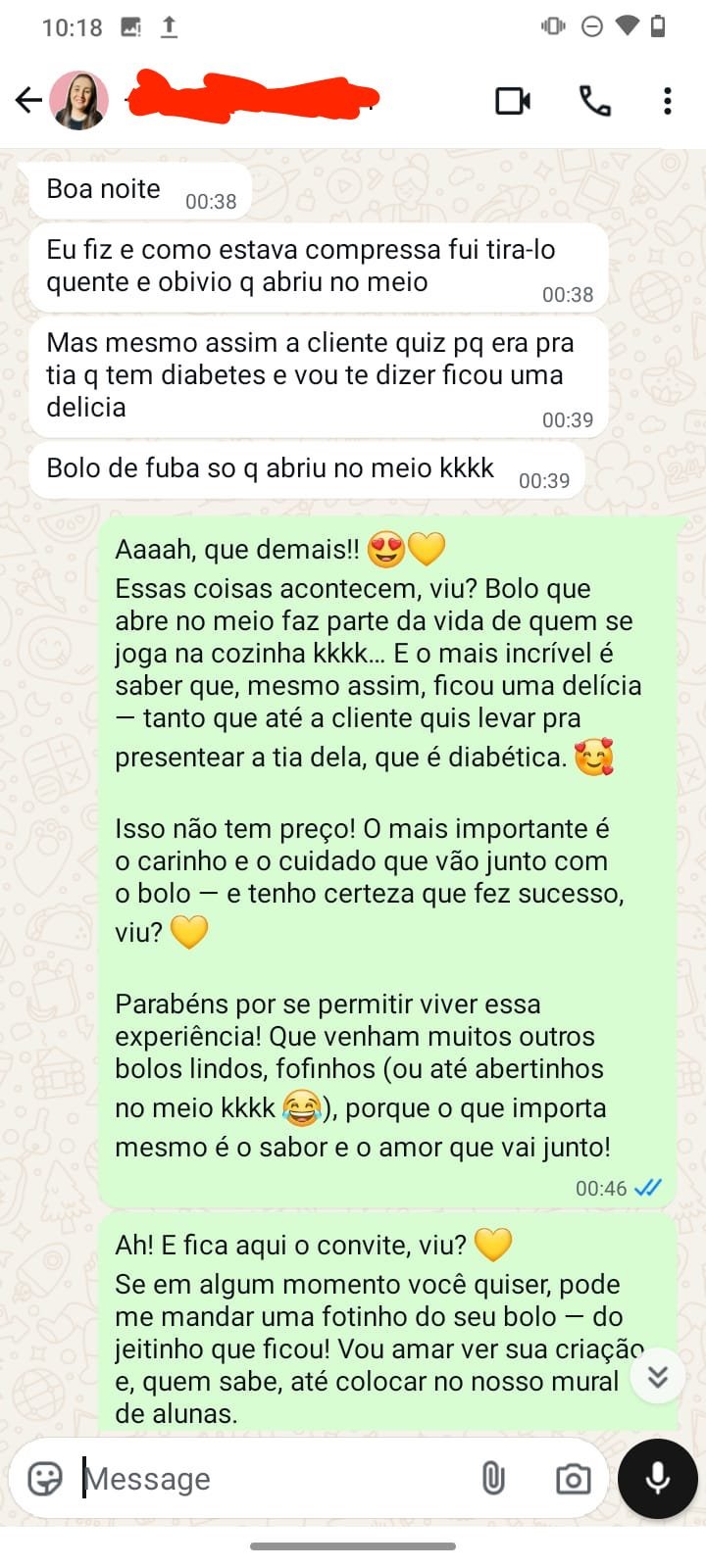 Depoimento sobre bolo de fubá para tia diabética
