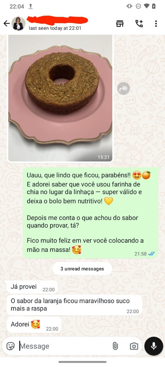 Depoimento com foto de bolo de laranja maravilhoso
