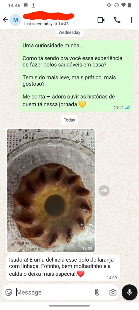 Depoimento de aluna com foto de bolo de laranja com calda