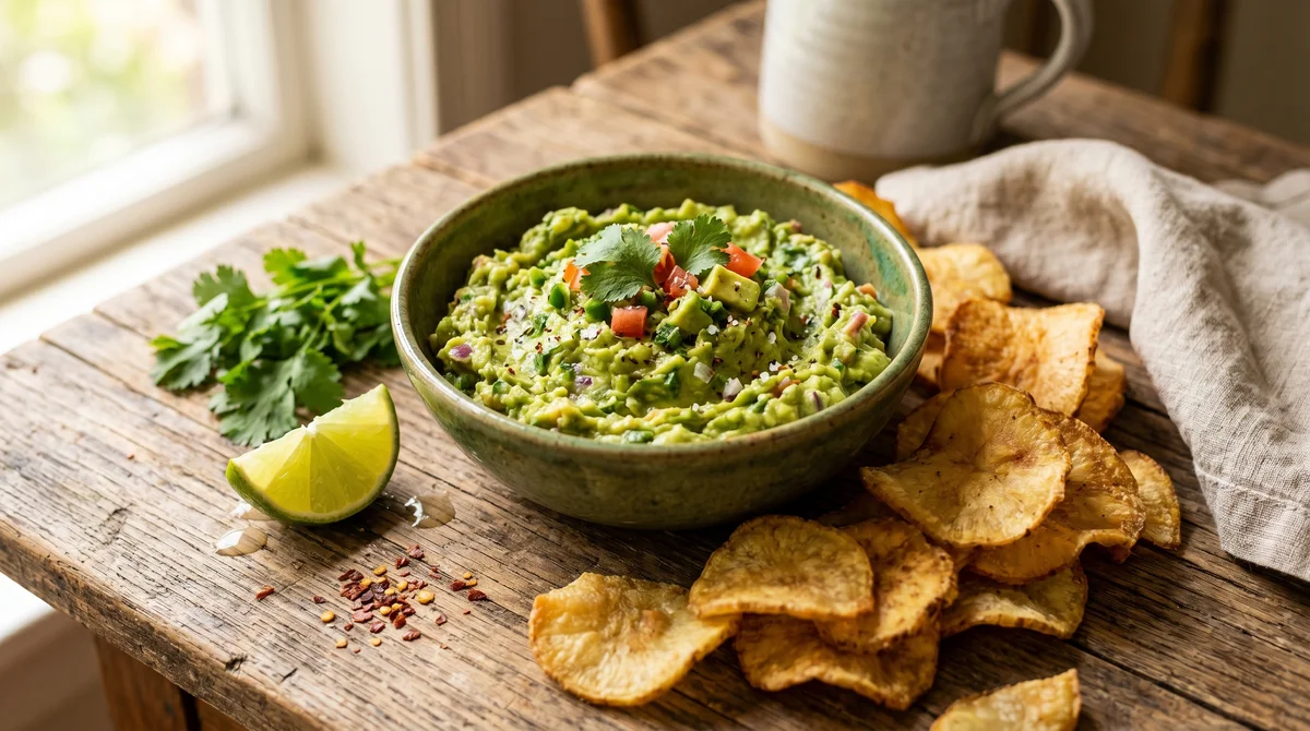 Guacamole com Chips de Mandioca