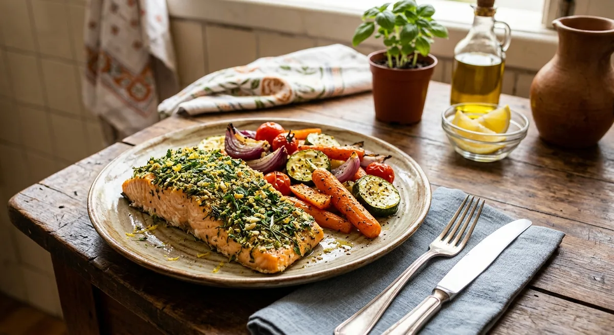 Salmão Assado com Crosta de Ervas e Legumes