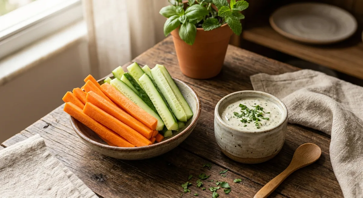 Palitos de Cenoura e Pepino com Molho Ranch Vegano