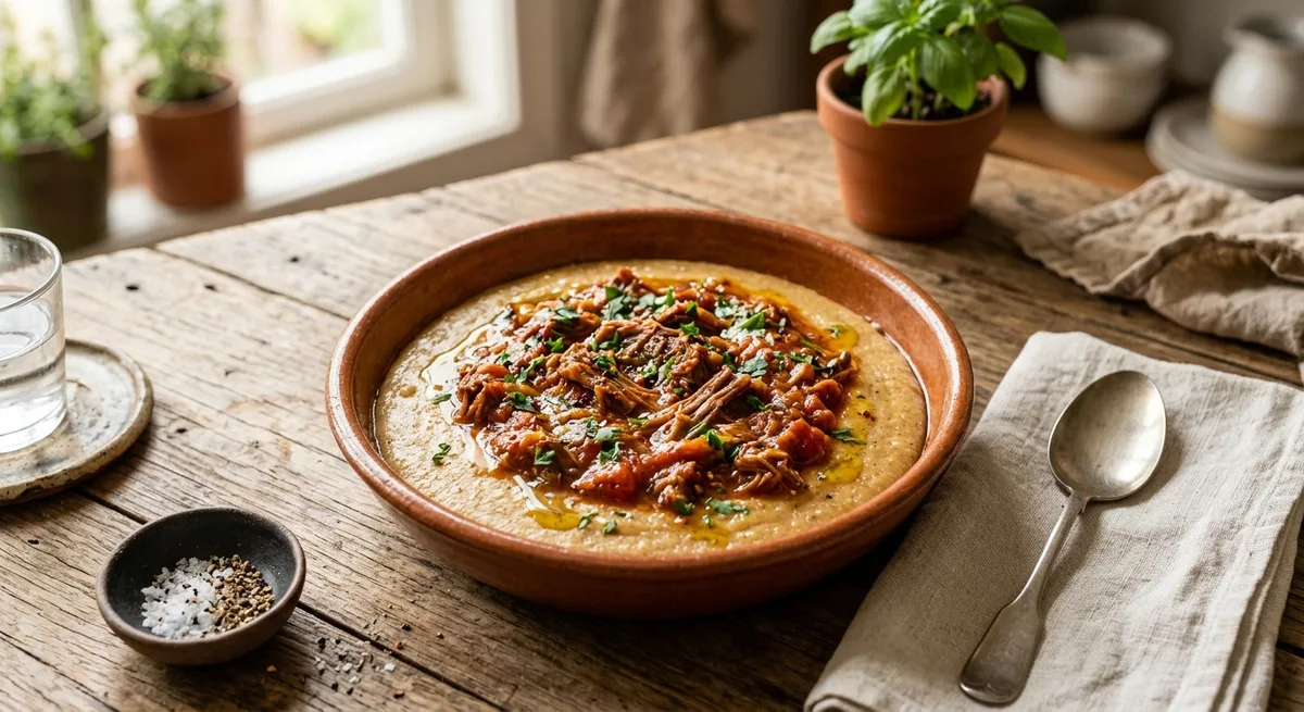 Polenta Cremosa com Ragú de Carne Desfiada