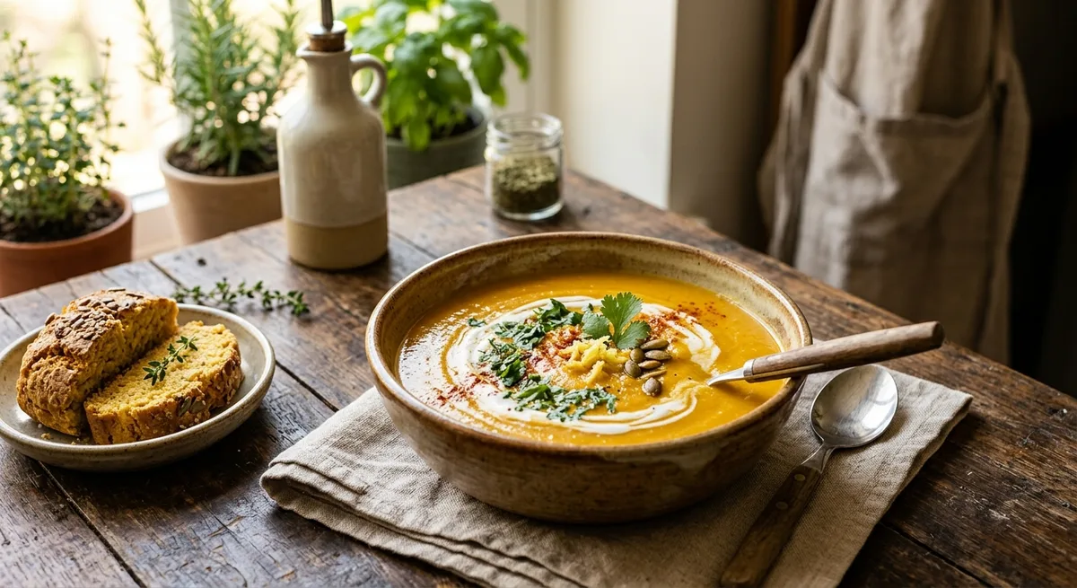 Sopa Cremosa de Abóbora com Gengibre e Toque Tropical
