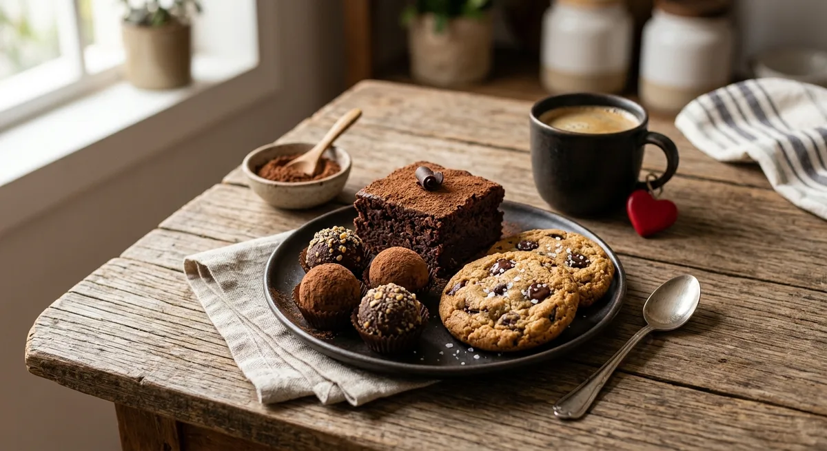 Amor em Três Atos — Kit Romântico de Trufas, Brownie e Cookie