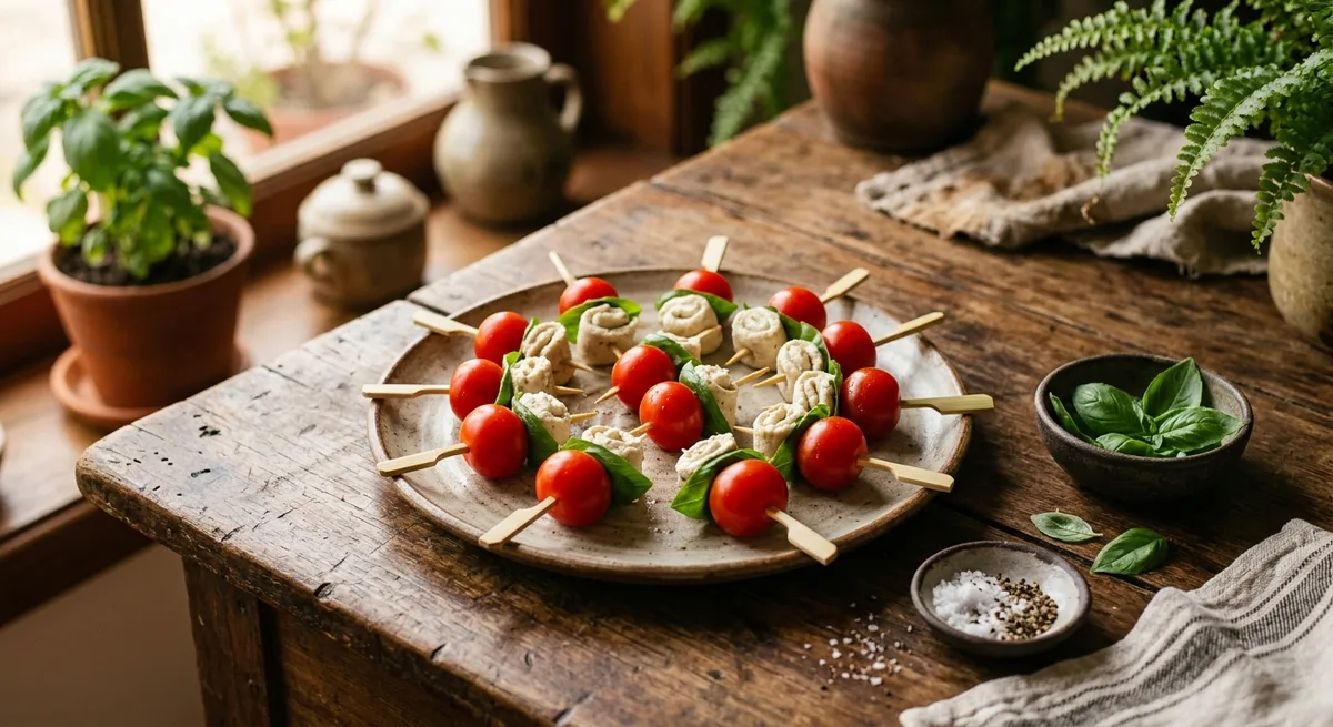 Mini Espetinho de Tomate Cereja e Manjericão com Cream Cheese