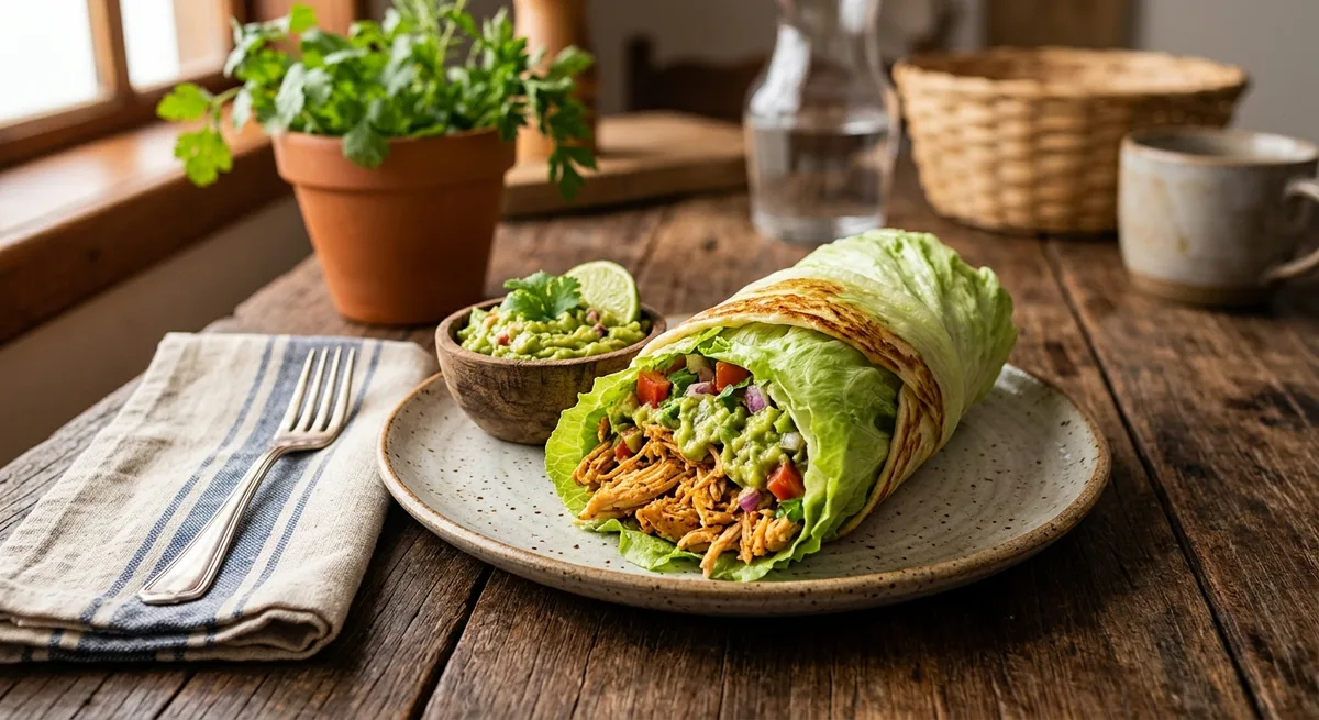 Wrap de Alface com Frango Desfiado e Guacamole