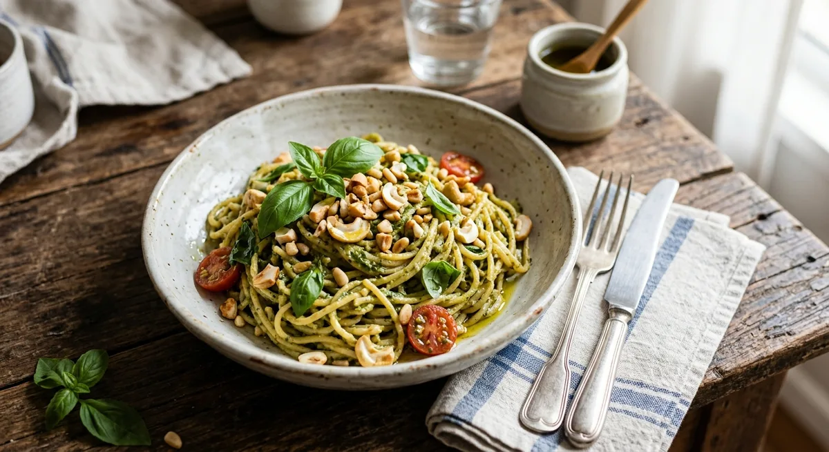 Macarrão de Arroz ao Pesto de Manjericão e Castanha