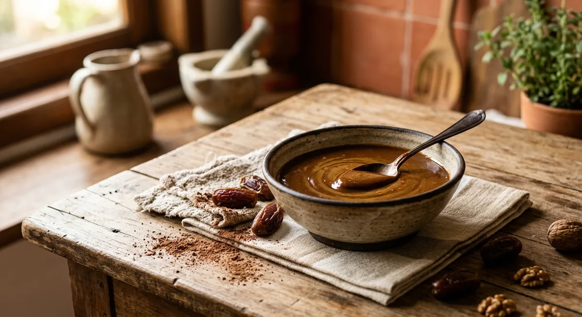 Calda de Chocolate com Tâmaras (sem açúcar refinado, vegana)