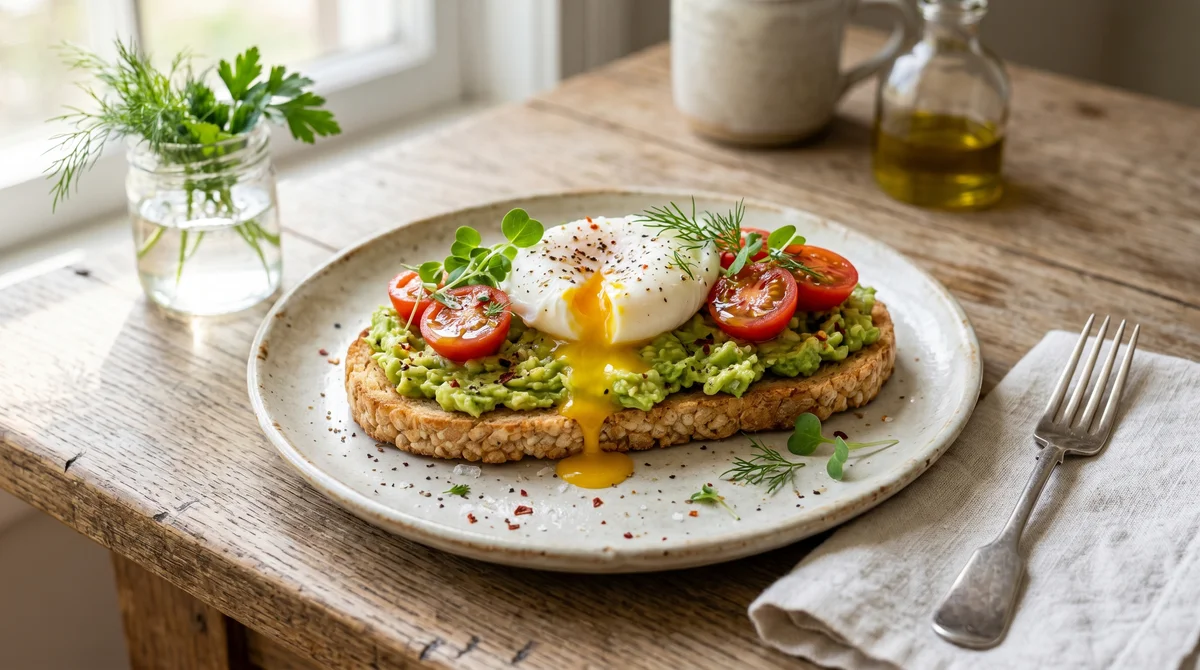 Toast de Abacate com Ovo e Tomate no Pão de Arroz