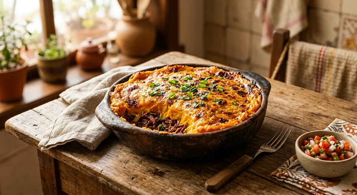 Escondidinho Tropical de Carne Seca com Purê Colorido de Batata Doce