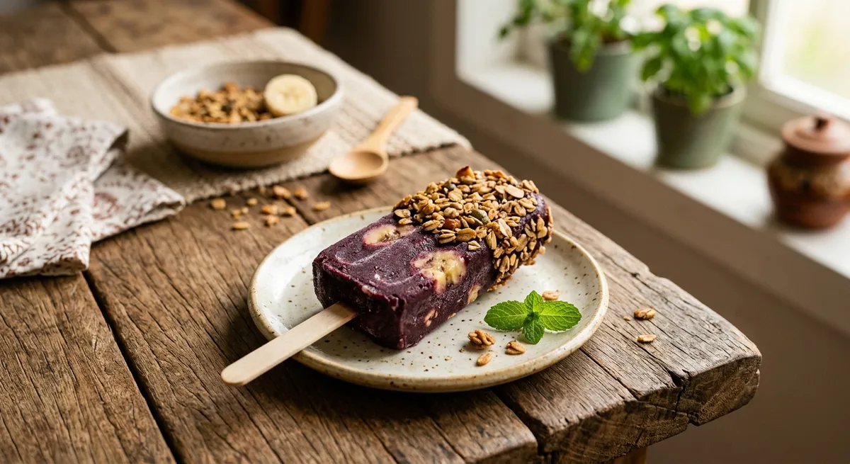 Picolé de Açaí com Banana e Granola