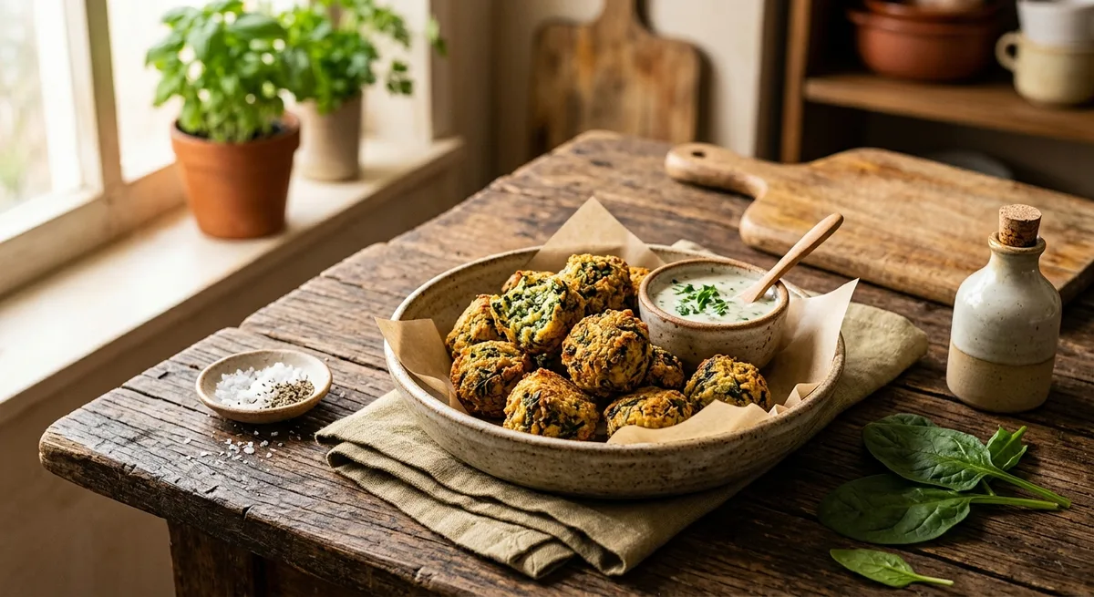 Bolinhas Crocantes de Espinafre com Ricota Vegana
