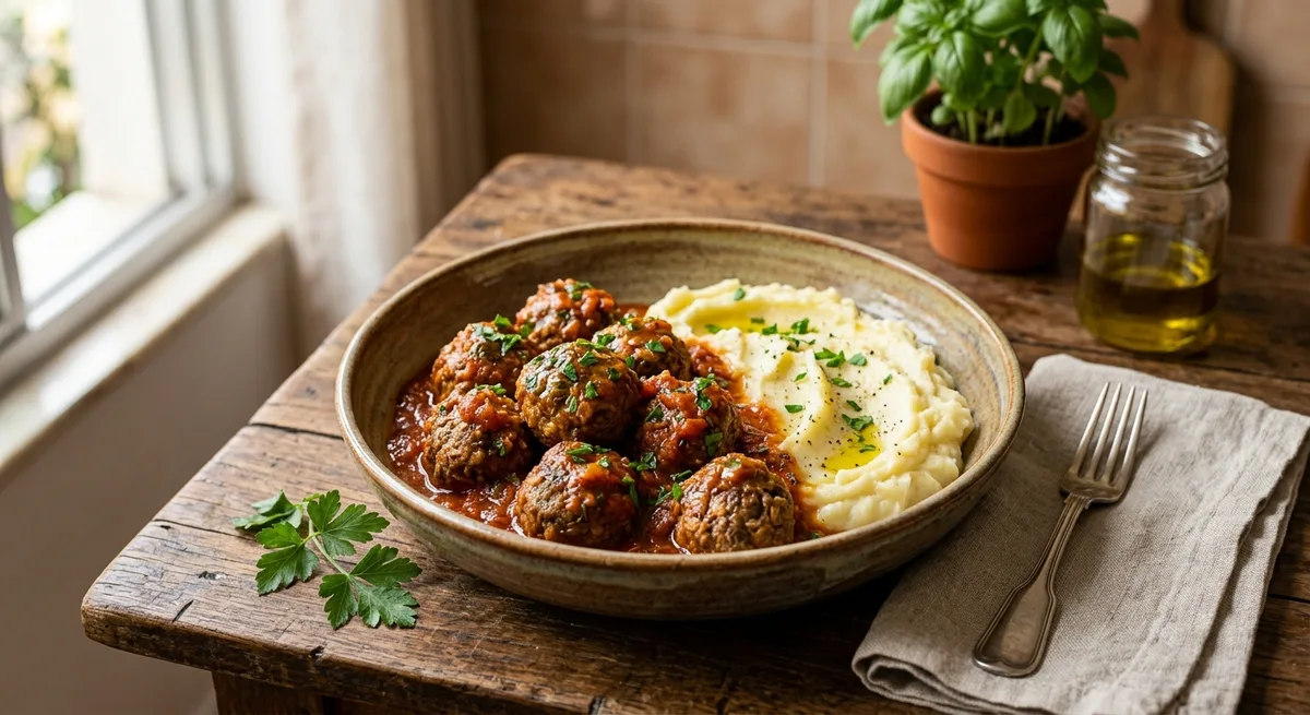 Almôndegas de Carne ao Molho de Tomate com Purê de Batata