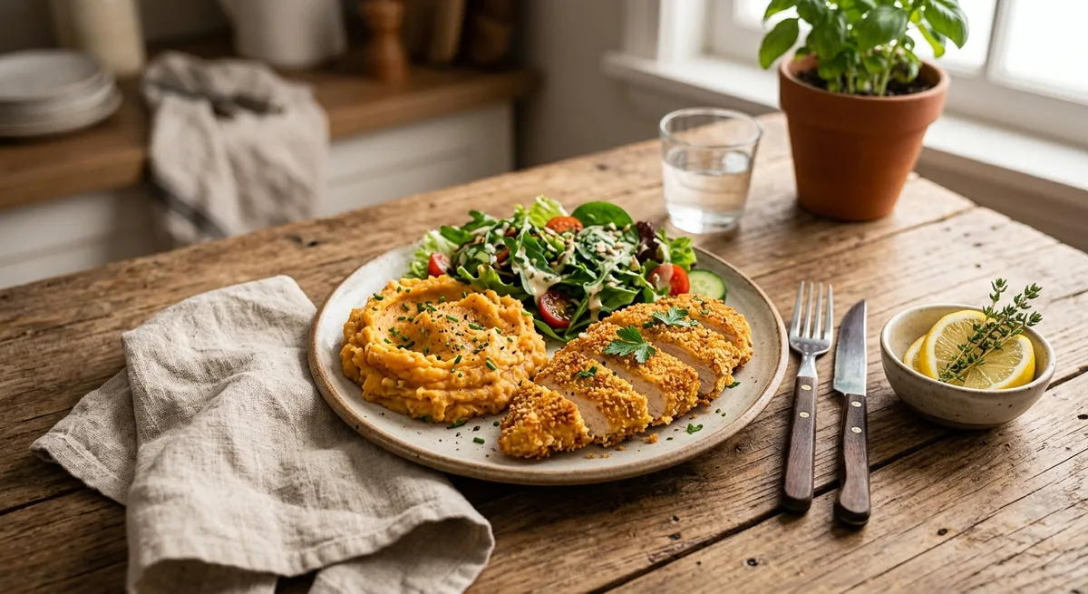 Peito de Frango Crocante com Farinha de Grão-de-Bico, Purê Rústico de Batata-doce e Salada de Folhas